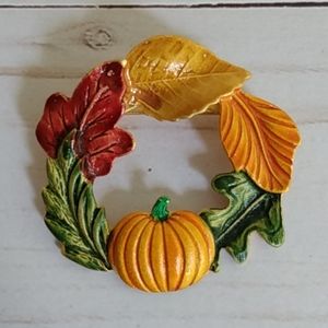 Vintage Enamel Fall Autumn Pumpkin Leaf pin brooch